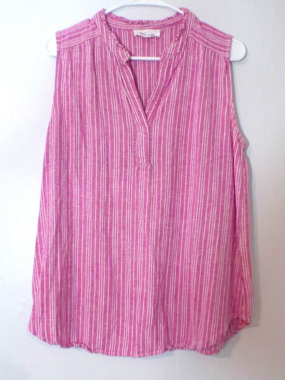 Land n Sea Blouse Womens Large Pink White Striped Linen Blend Sleeveless Tunic